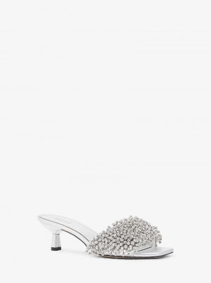 Michael Kors Amal Crystal Embellished Metallic Leather Silver | SN-MK27497