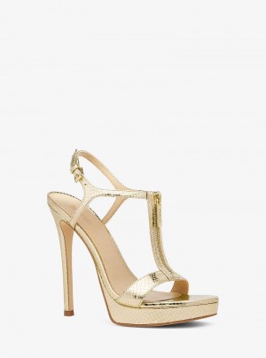 Michael Kors Berkley Metallic Snake Embossed Leather Stiletto Pale Gold | SN-MK27536