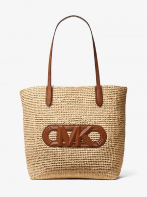 Michael Kors Eliza Extra-Large Empire Logo Straw Natural/Luggage | SN-MK26815