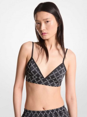 Michael Kors Empire Logo Print Satin Bra Top Black/White | SN-MK26504