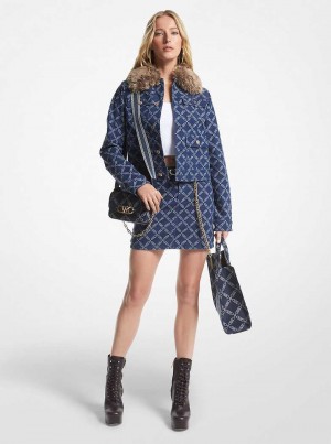 Michael Kors Faux Fur Trim Empire Logo Jacquard Denim Utility Rinse | SN-MK26619