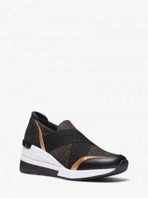 Michael Kors Geena Glitter Chain-Mesh and Leather Slip-On Black/Bronze | SN-MK27435