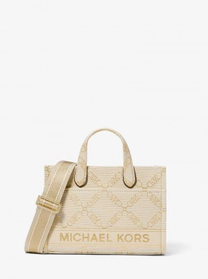 Michael Kors Gigi Small Metallic Empire Logo Jacquard Pale Gold/Natural | SN-MK27293