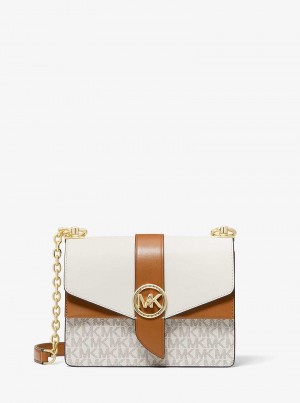 Michael Kors Greenwich Small Color-Block Logo and Saffiano Leather Vanilla/Acorn | SN-MK27028