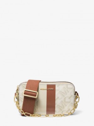 Michael Kors Jet Set Small Empire Signature Logo Stripe Double-Zip Vanilla/Luggage | SN-MK27119