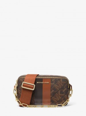 Michael Kors Jet Set Small Empire Signature Logo Stripe Double-Zip Brown/Luggage | SN-MK27120