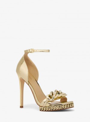 Michael Kors Jordyn Embellished Metallic Snake Embossed Pale Gold | SN-MK27546