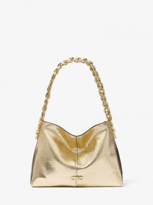 Michael Kors Jordyn Small Metallic Snake Embossed Leather Pale Gold | SN-MK27051