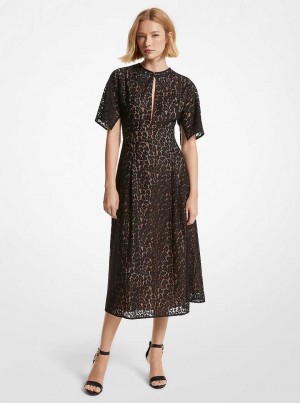 Michael Kors Leopard Corded Lace Midi Black | SN-MK26764