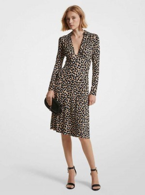 Michael Kors Leopard Print Stretch Matte Jersey Khaki/Black | SN-MK26776