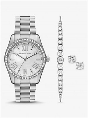 Michael Kors Lexington Pavé Silver-Tone Watch and Bracelet Set Silver | SN-MK28341