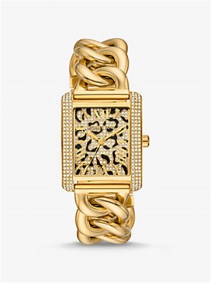 Michael Kors Mini Emery Animal Pavé Gold-Tone Curb Link Watch Gold | SN-MK28426