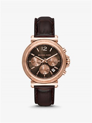 Michael Kors Oversized Maren Rose Gold-Tone and Crocodile Embossed Leather Watch Chocolate | SN-MK28301