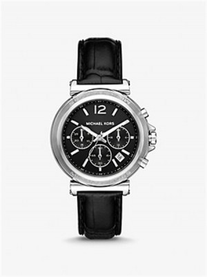 Michael Kors Oversized Maren Silver-Tone and Crocodile Embossed Leather Watch Black | SN-MK28300