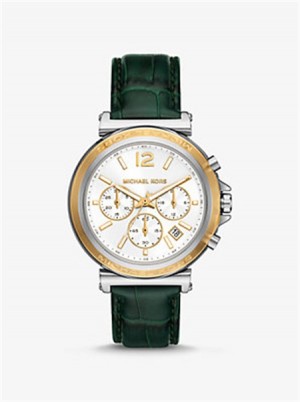 Michael Kors Oversized Maren Silver-Tone and Crocodile Embossed Leather Watch Green | SN-MK28302