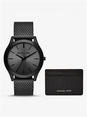 Michael Kors Oversized Slim Runway Black-Tone Watch and Card Case Gift Set Black | SN-MK28396