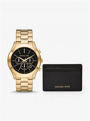 Michael Kors Oversized Slim Runway Watch and Card Case Gift Set Gold | SN-MK28367