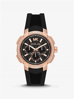 Michael Kors Oversized Sydney Pavé Rose Gold-Tone and Silicone Watch Black | SN-MK28363