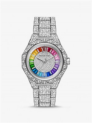 Michael Kors PRIDE Limited-Edition Oversized Raquel Rainbow Pavé Silver-Tone Watch Silver | SN-MK28435