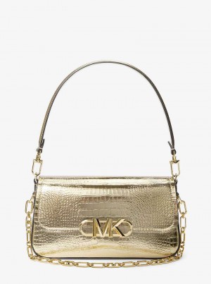 Michael Kors Parker Medium Metallic Crocodile Embossed Leather Pale Gold | SN-MK27044