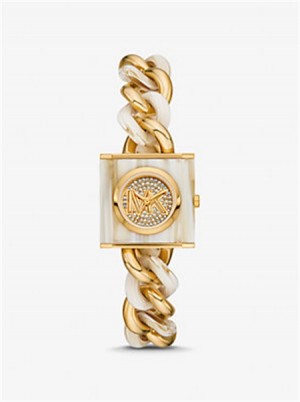 Michael Kors Petite Lock Pavé Gold-Tone and Acetate Chain Watch Horn | SN-MK28361