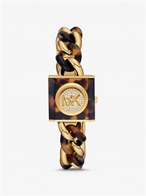 Michael Kors Petite Lock Pavé Gold-Tone and Tortoiseshell Acetate Chain Watch Tortoise | SN-MK28417