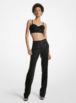 Michael Kors Pinstripe Sequined Crepe Straight-Leg Black | SN-MK26556