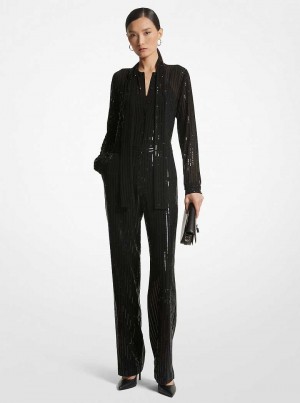 Michael Kors Pinstripe Sequined Georgette Black | SN-MK26752