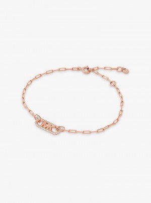 Michael Kors Precious Metal-Plated Sterling Silver Pavé Empire Logo Chain Link Rose Gold | SN-MK27737