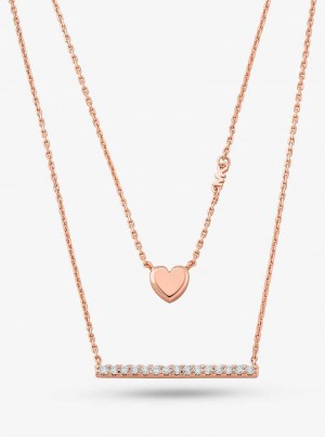 Michael Kors Precious Metal-Plated Sterling Silver Double Heart and Pavé Bar Rose Gold | SN-MK27790