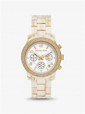 Michael Kors Runway Pavé Gold-Tone and Acetate Watch Alabaster | SN-MK28372