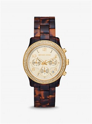 Michael Kors Runway Pavé Gold-Tone and Tortoiseshell Acetate Watch Tortoise | SN-MK28384