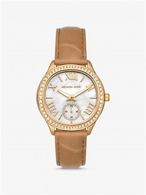 Michael Kors Sage Pavé Gold-Tone and Crocodile Embossed Leather Watch Peanut | SN-MK28411