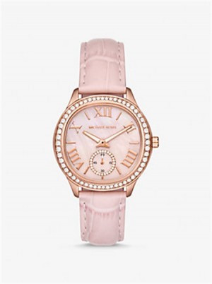 Michael Kors Sage Pavé Rose Gold-Tone and Crocodile Embossed Leather Watch Powder Pink | SN-MK28370