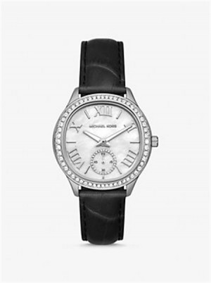 Michael Kors Sage Pavé Silver-Tone and Crocodile Embossed Leather Watch Black | SN-MK28371