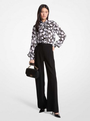 Michael Kors Shadow Floral Georgette Tie-Neck Blouse Black/White | SN-MK26512