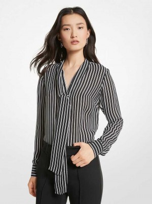 Michael Kors Striped Georgette Tie-Neck Blouse Black | SN-MK26522