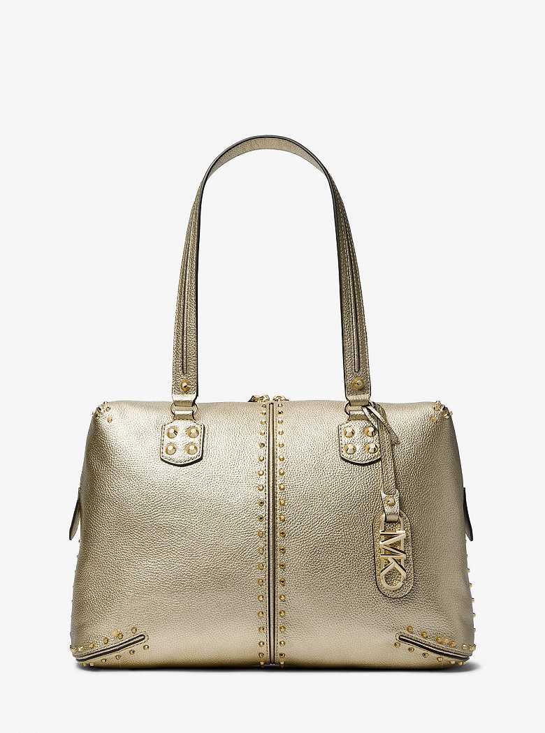 Michael Kors Astor Large Studded Metallic Leather Pale Gold | SN-MK27098