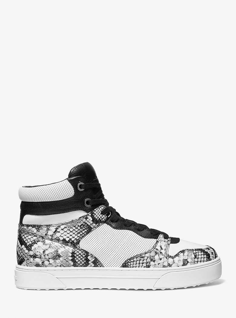 Michael Kors Barett Snake Embossed Leather High-Top Optic White/Blk | SN-MK28245