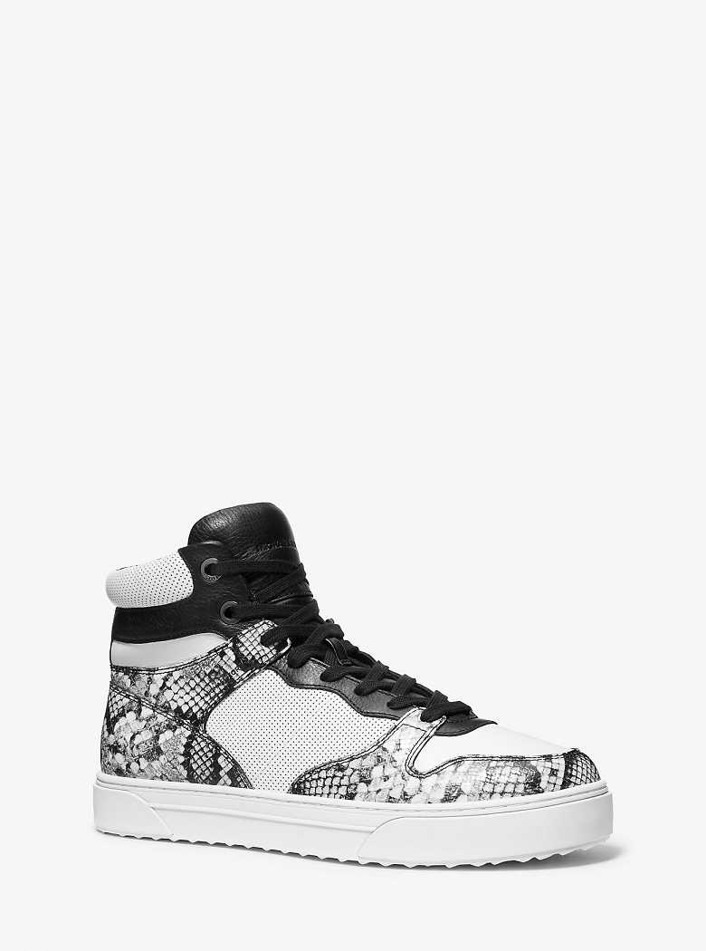 Michael Kors Barett Snake Embossed Leather High-Top Optic White/Blk | SN-MK28245