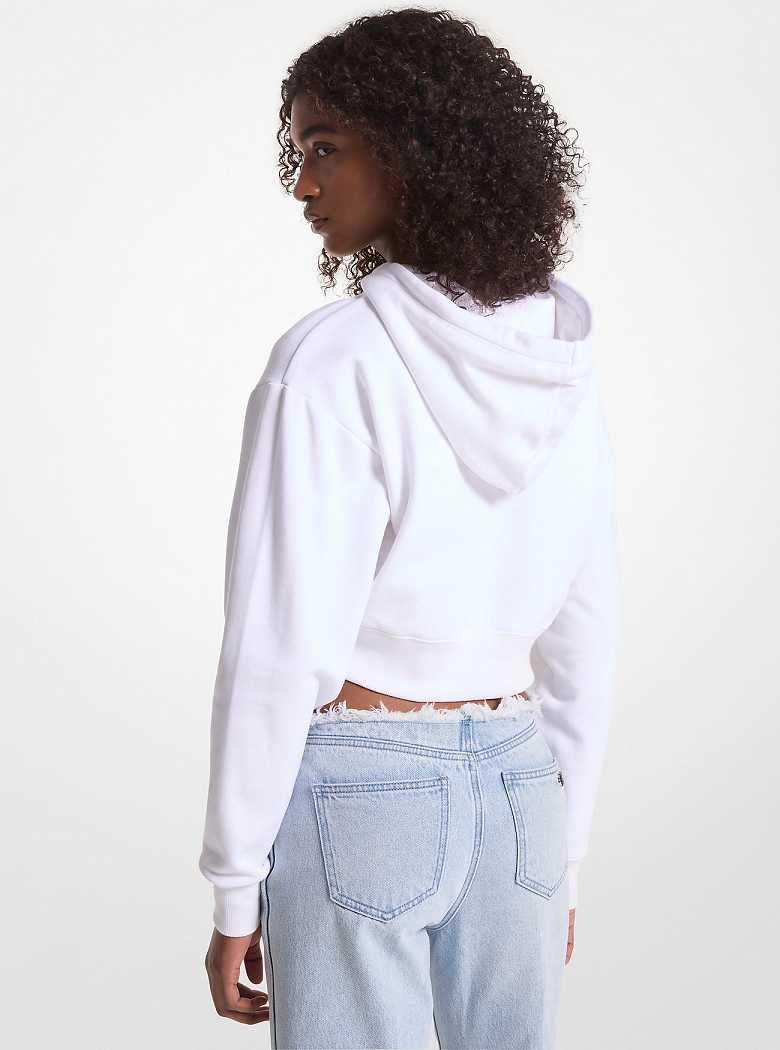 Michael Kors Empire Logo Organic Cotton Terry Cropped Hoodie White | SN-MK26516