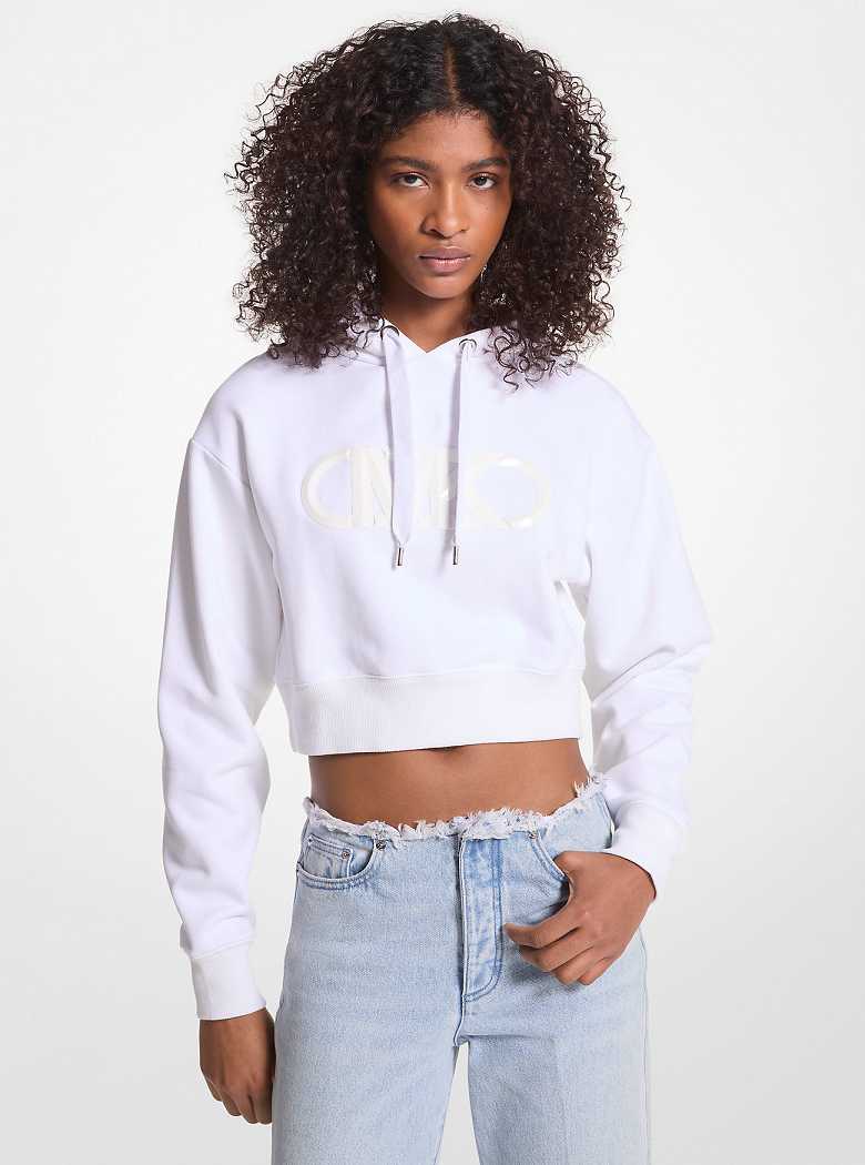 Michael Kors Empire Logo Organic Cotton Terry Cropped Hoodie White | SN-MK26516