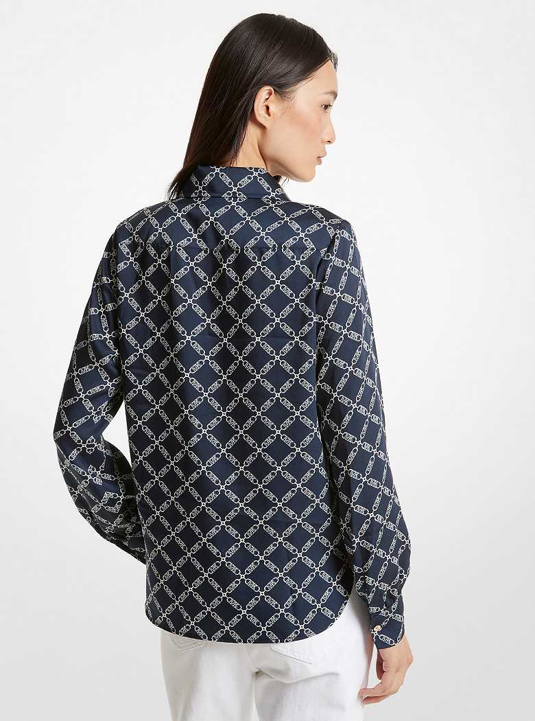 Michael Kors Empire Logo Print Satin Blouse Midnightblue | SN-MK26523