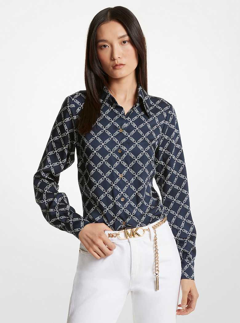 Michael Kors Empire Logo Print Satin Blouse Midnightblue | SN-MK26523