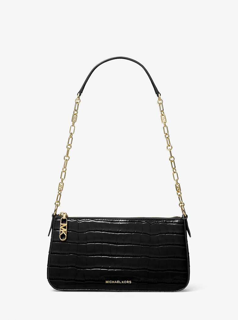 Michael Kors Empire Medium Crocodile Embossed Leather Chain-Link Black | SN-MK26970