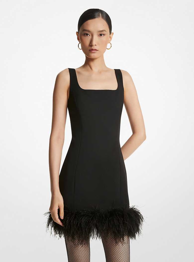 Michael Kors Feather Trim Stretch Crepe Shift Black | SN-MK26728