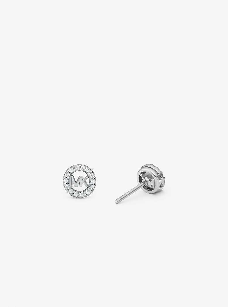 Michael Kors Fulton Precious-Metal Plated Sterling Silver Pavé Logo Charm Stud Silver | SN-MK27764