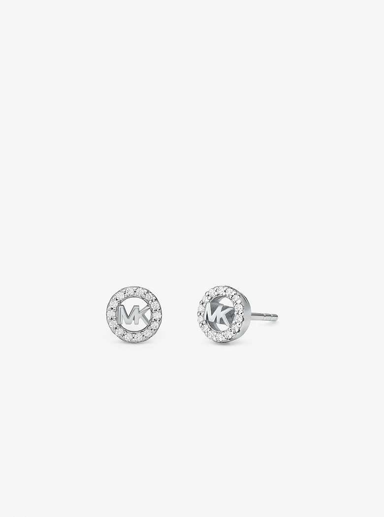 Michael Kors Fulton Precious-Metal Plated Sterling Silver Pavé Logo Charm Stud Silver | SN-MK27764