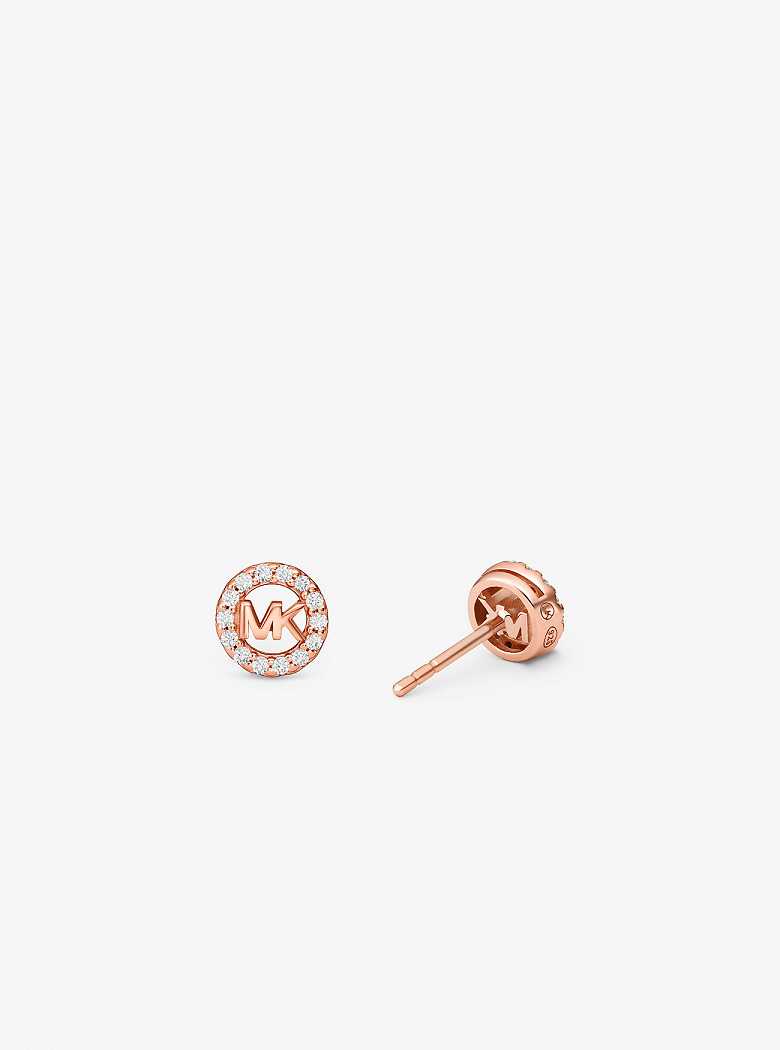 Michael Kors Fulton Precious-Metal Plated Sterling Silver Pavé Logo Charm Stud Rose Gold | SN-MK27774