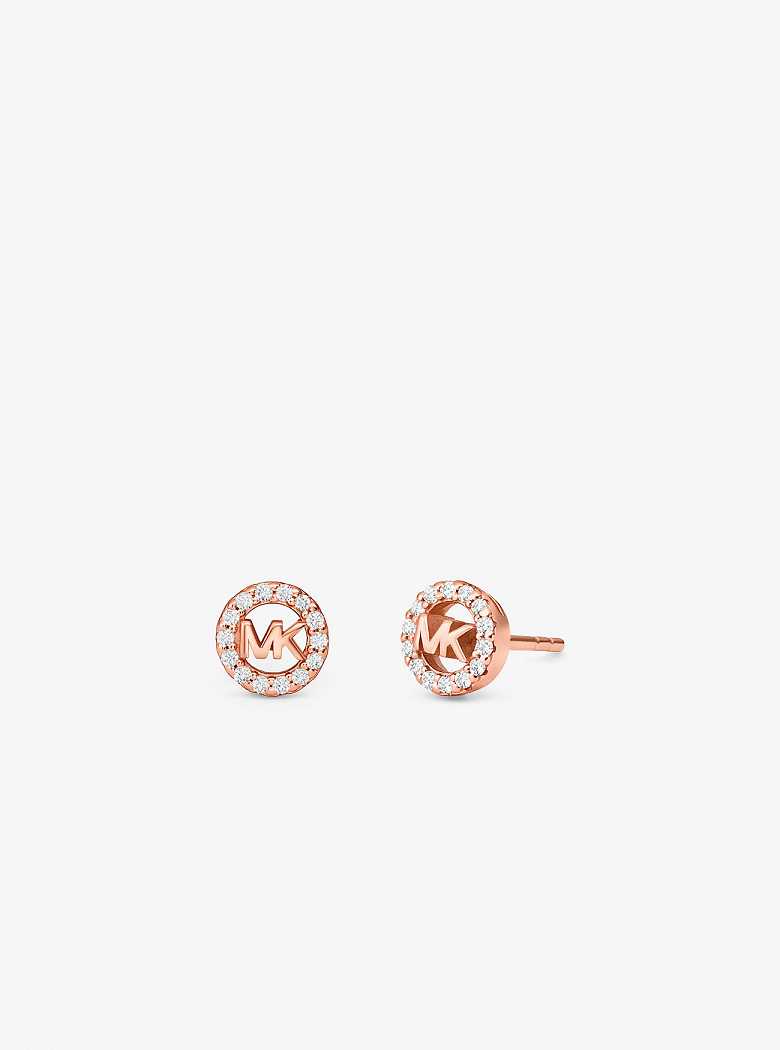 Michael Kors Fulton Precious-Metal Plated Sterling Silver Pavé Logo Charm Stud Rose Gold | SN-MK27774